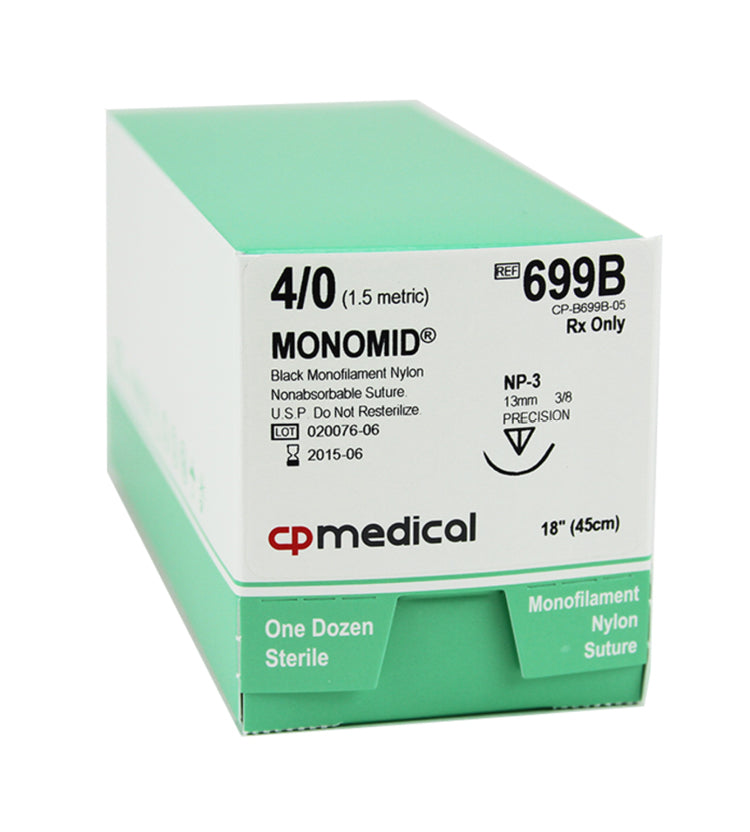 CP Medical 699B Nylon, Monofilament, 4-0, Non-Absorbable Suture, P-3, Black, 18"