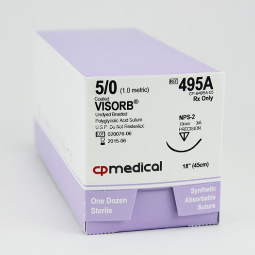 CP Medical 495A Braided, Polyglycolic Acid, 5-0, Absorbable Suture, PS-2, Undyed, 18"
