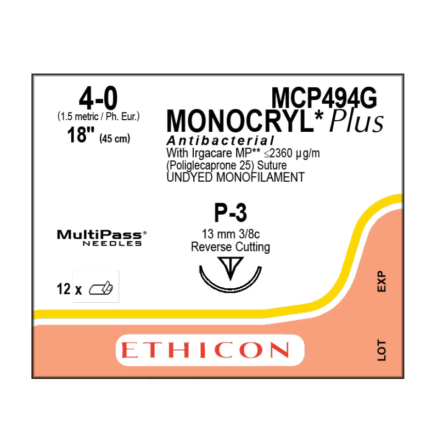 Ethicon MCP494G Monocryl Plus Antibacterial Suture, Monofilament, 4-0, Non-Absorbable, P-3, Undyed, 18"