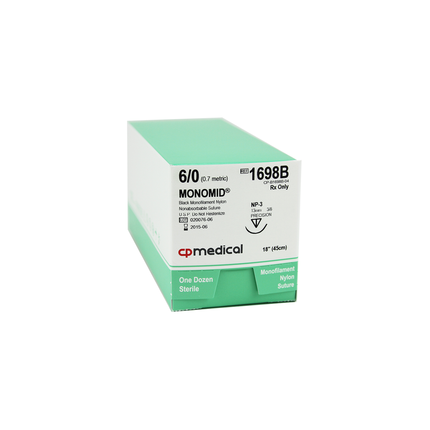 CP Medical 1698B Nylon, Monofilament, 6-0, Non-Absorbable Suture, P-3, Black, 18"