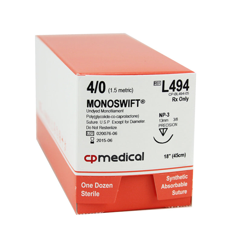 CP Medical L494 PGCL Monofilament 25, 4-0, Absorbable Suture, P-3, Undyed, 18"