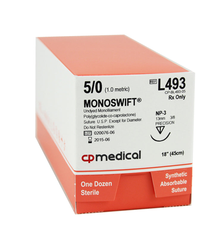 CP Medical L493 PGCL Monofilament 25, 5-0, Absorbable Suture, P-3, Undyed, 18"