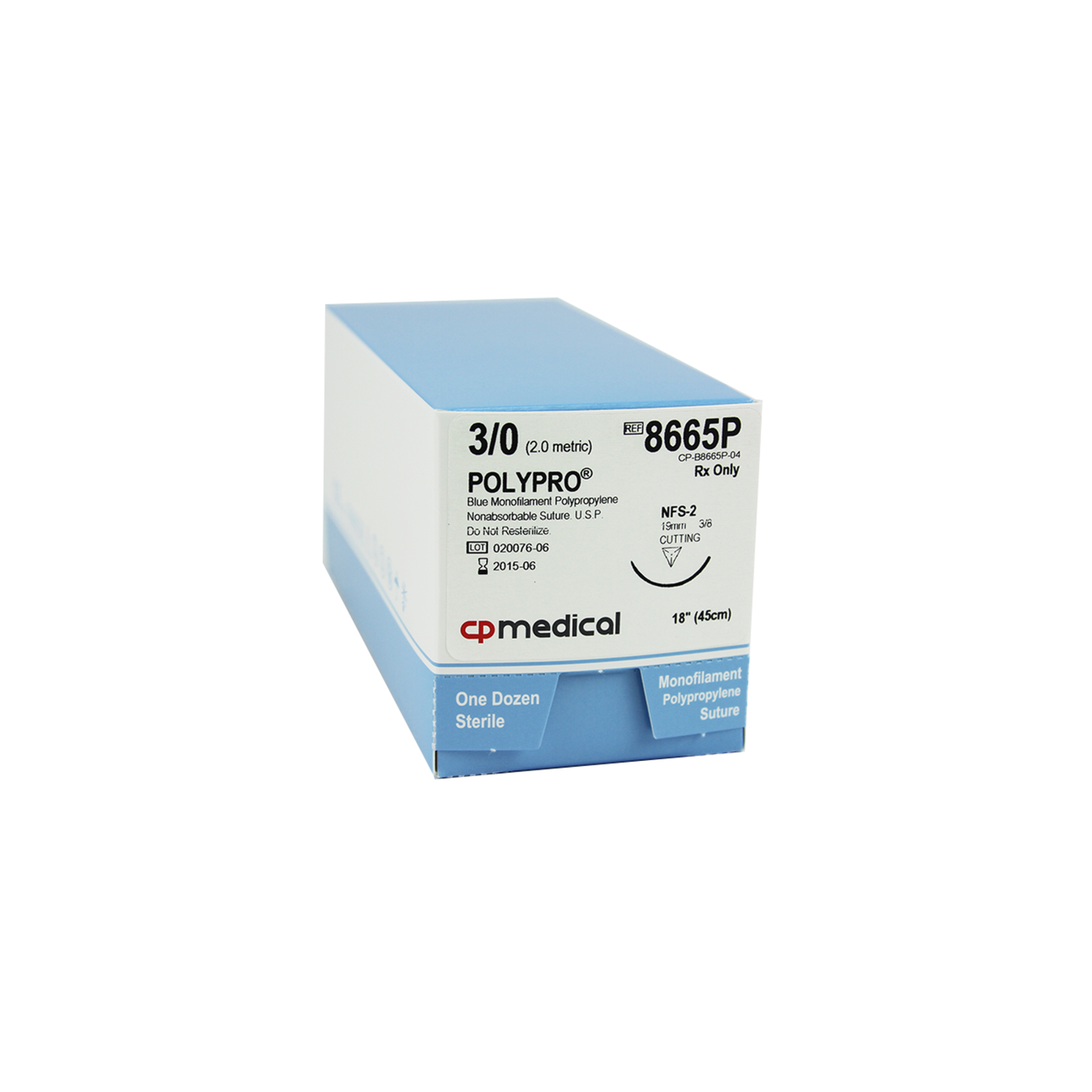 CP Medical 8665P Polypropylene, Monofilament, 3-0, Non-Absorbable Suture, FS-2, Blue, 18"