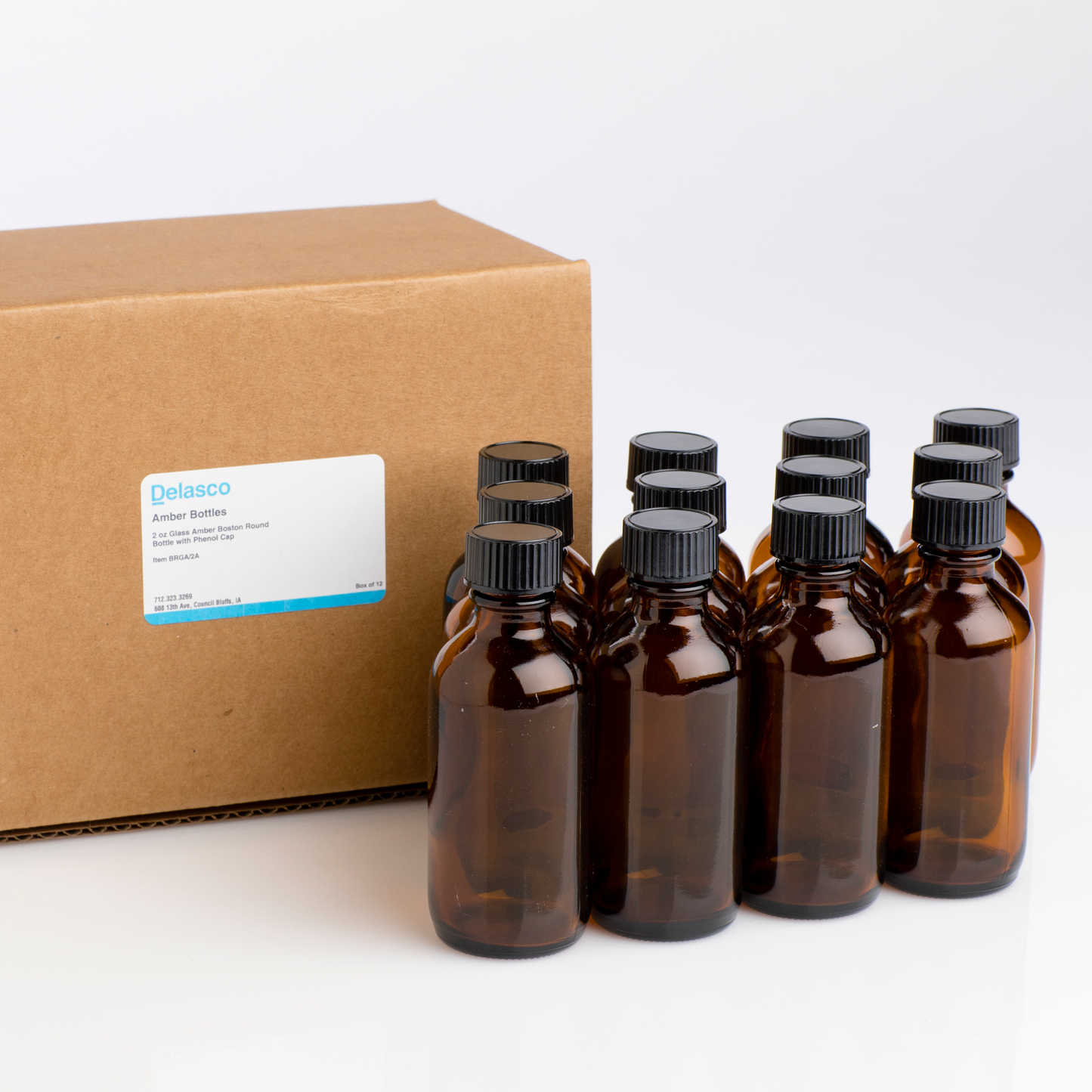 Delasco BRGA/2A Amber Glass Bottles, Box of 12