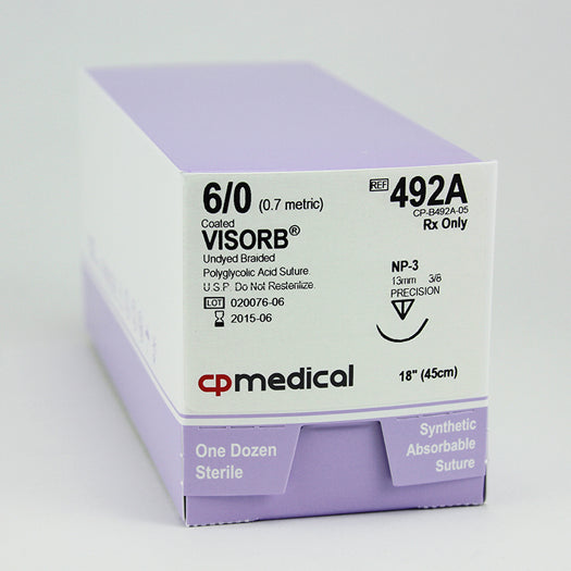 CP Medical 492A Braided, Polyglycolic Acid, 6-0, Absorbable Suture, Undyed, 18"