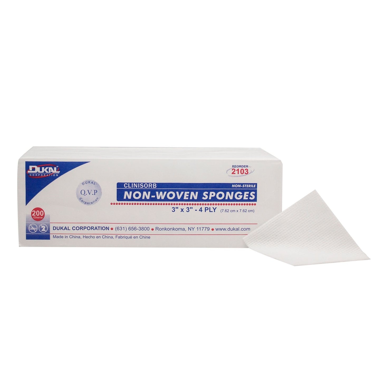 Dukal 2103 Clinisorb Non-Woven Gauze Sponges, 3" x 3", Non-Sterile, 4-Ply, 200/Sleeve