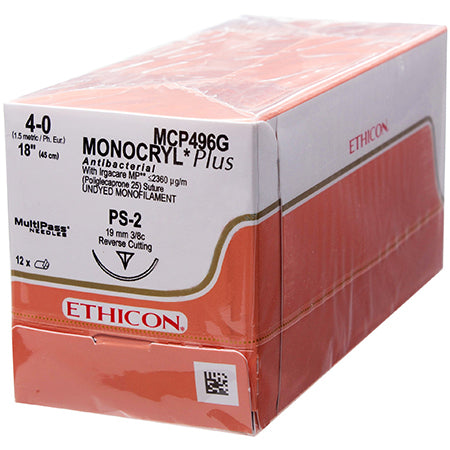 Ethicon MCP496G Monocryl Plus, Antibacterial Suture, Monofilament, 4-0, Non-Absorbable, PS-2, Undyed, 18"