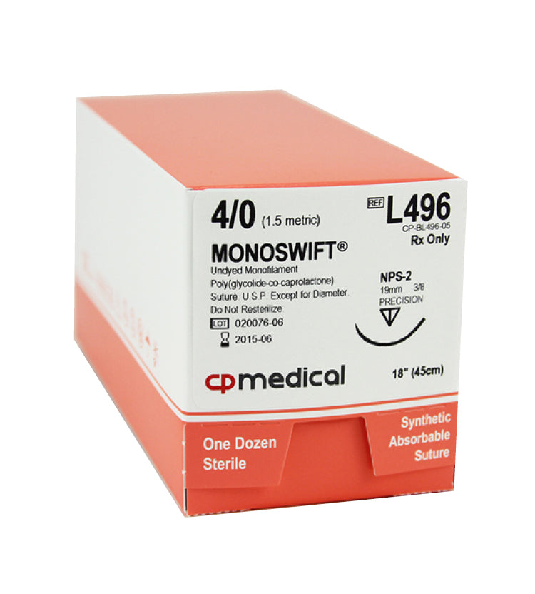 CP Medical L496 Monoswift PGCL Monofilament Suture 25, 4-0, Undyed, 18"