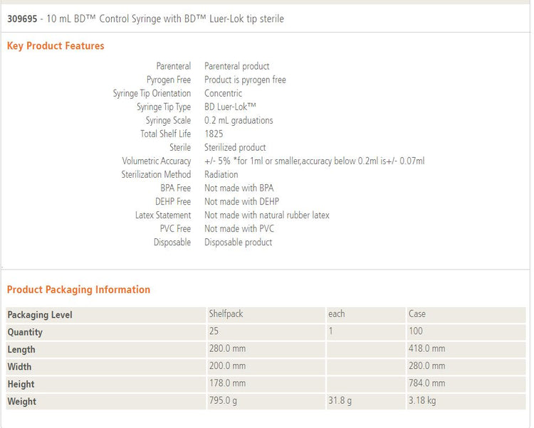 BD 302995 10 ml Control Luer Lock Tip Syringe