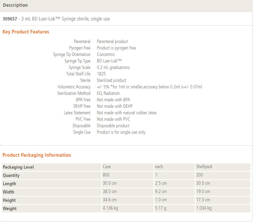 BD 309657 3 ml Luer Lock Tip Syringe