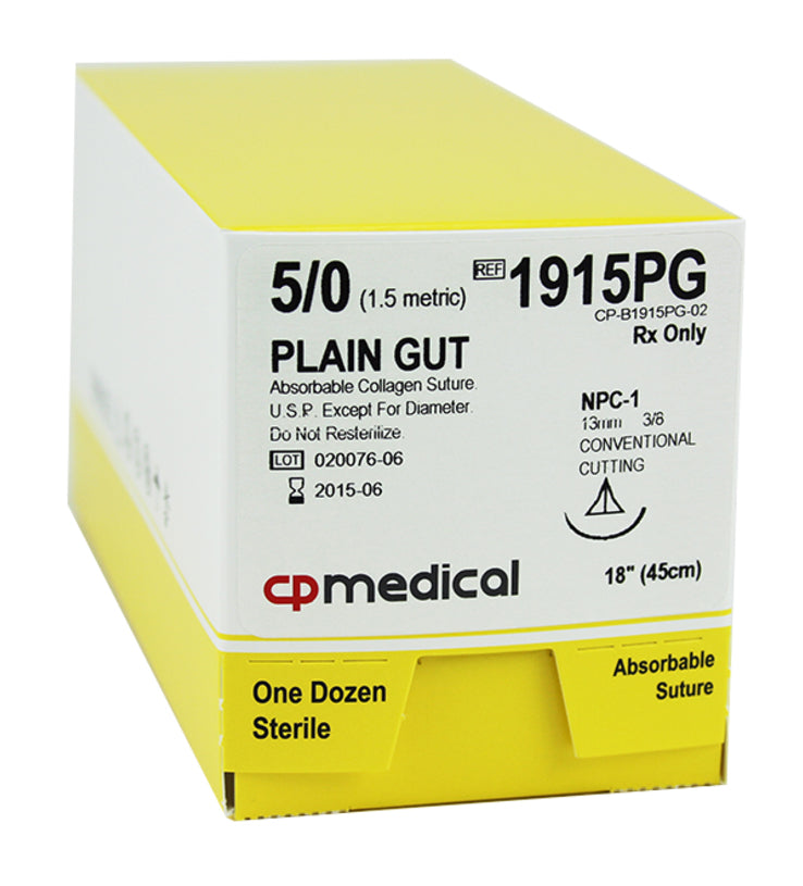 CP Medical 1915PG Plain Gut, 5-0, Absorbable Suture, PC-1, 18"