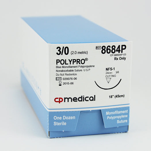 CP Medical 8684P Polypropylene, Monofilament, 3-0, Non-Absorbable Suture, FS-1, Blue, 18"