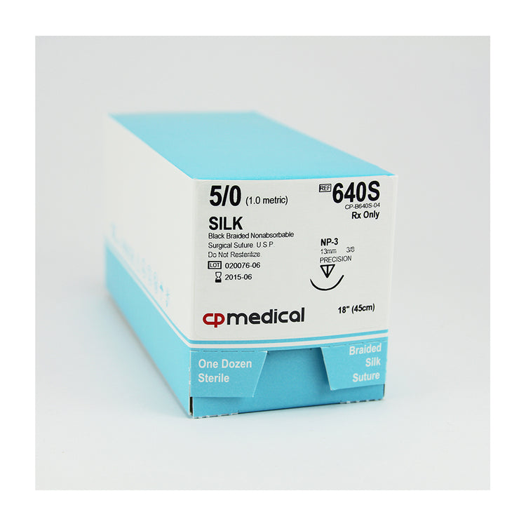 CP Medical 640S Silk, Braided, 5-0, Non-Absorbable Suture, P-3, Black, 18"