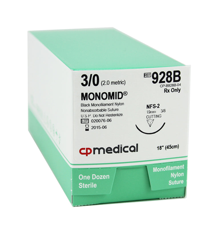 CP Medical 928B Nylon, Monofilament, 3-0, Non-Absorbable Suture, FS-2, Black, 18"