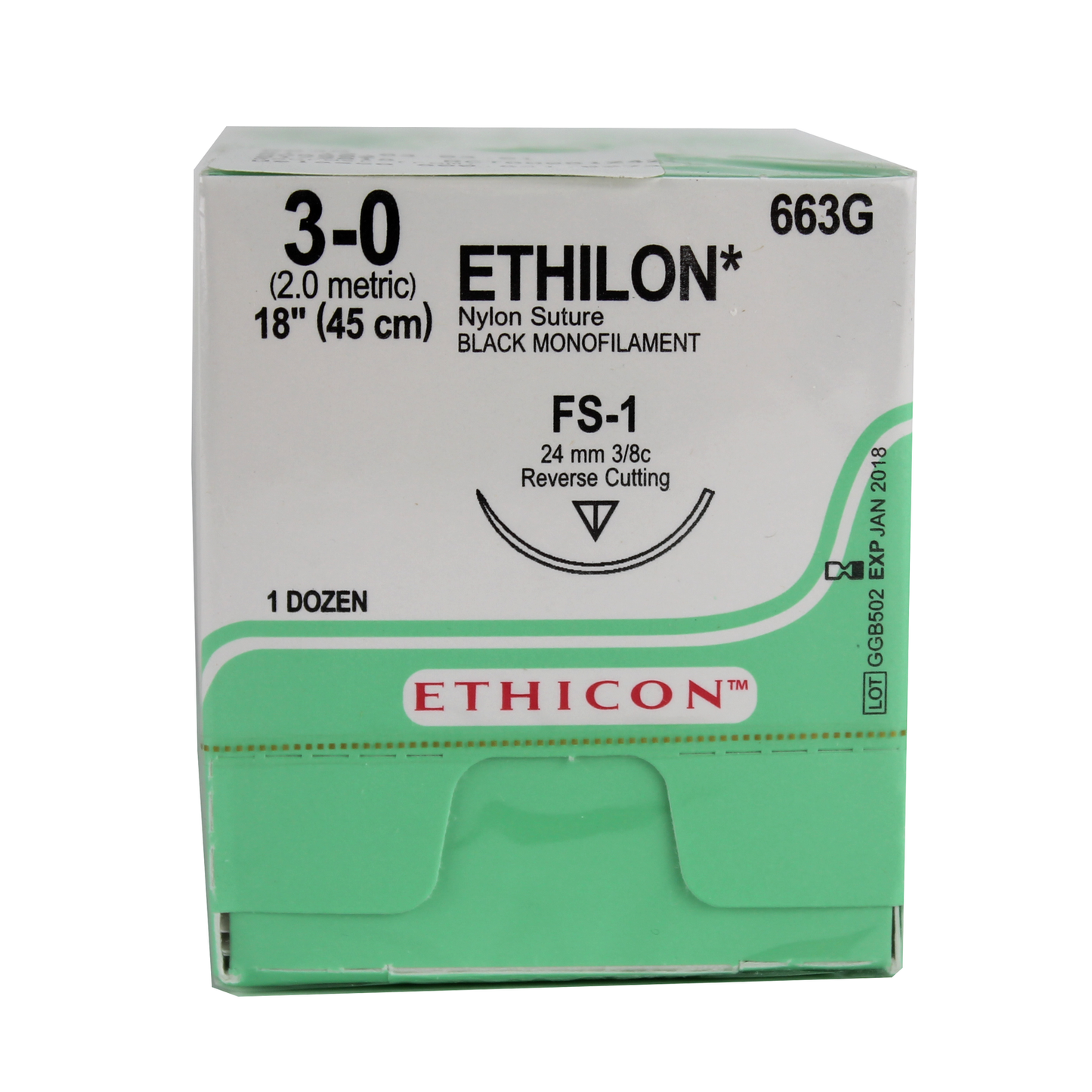 Ethicon 663G Ethilon Nylon Suture, Monofilament, 3-0, Non-Absorbable, FS-1, Black, 18"