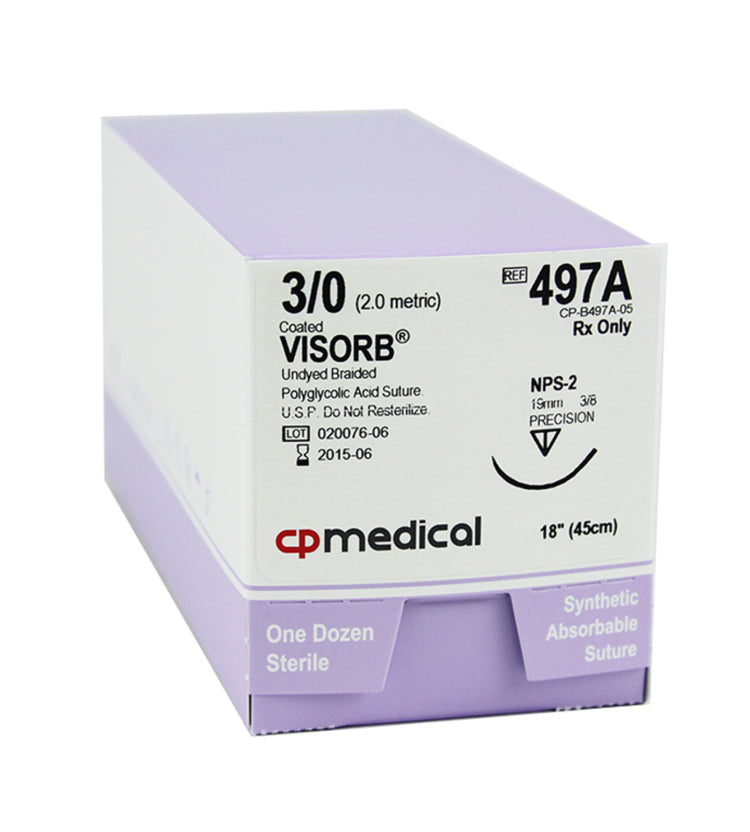 CP Medical 497A Braided, Polyglycolic Acid, 3-0, Absorbable Suture, Undyed, 18"