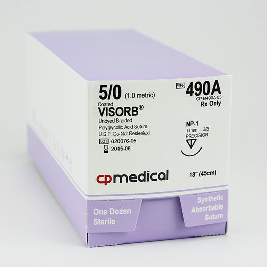 CP Medical 490A Braided, Polyglycolic Acid, 5-0, Absorbable Suture, P-1, Undyed, 18"