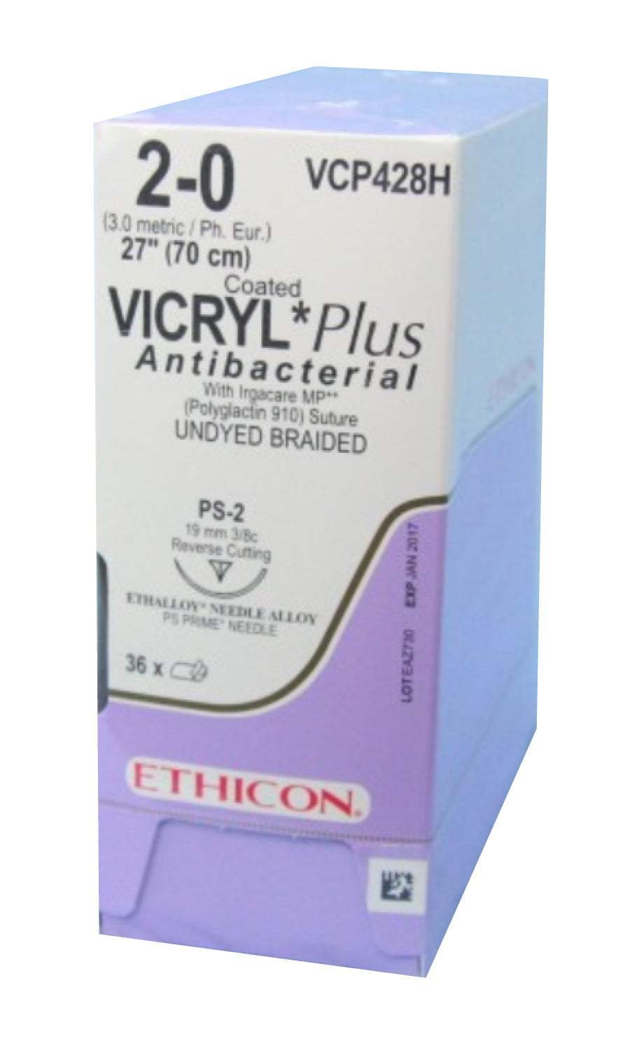 Ethicon VCP428H Vicryl, Polyglactin 910, Braided, 2-0, Absorbable, PS-2, Undyed, 27"