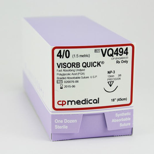 CP Medical VQ494 Braided, Polyglycolic Acid, 4-0, Absorbable Suture, P-3, Undyed, 18"