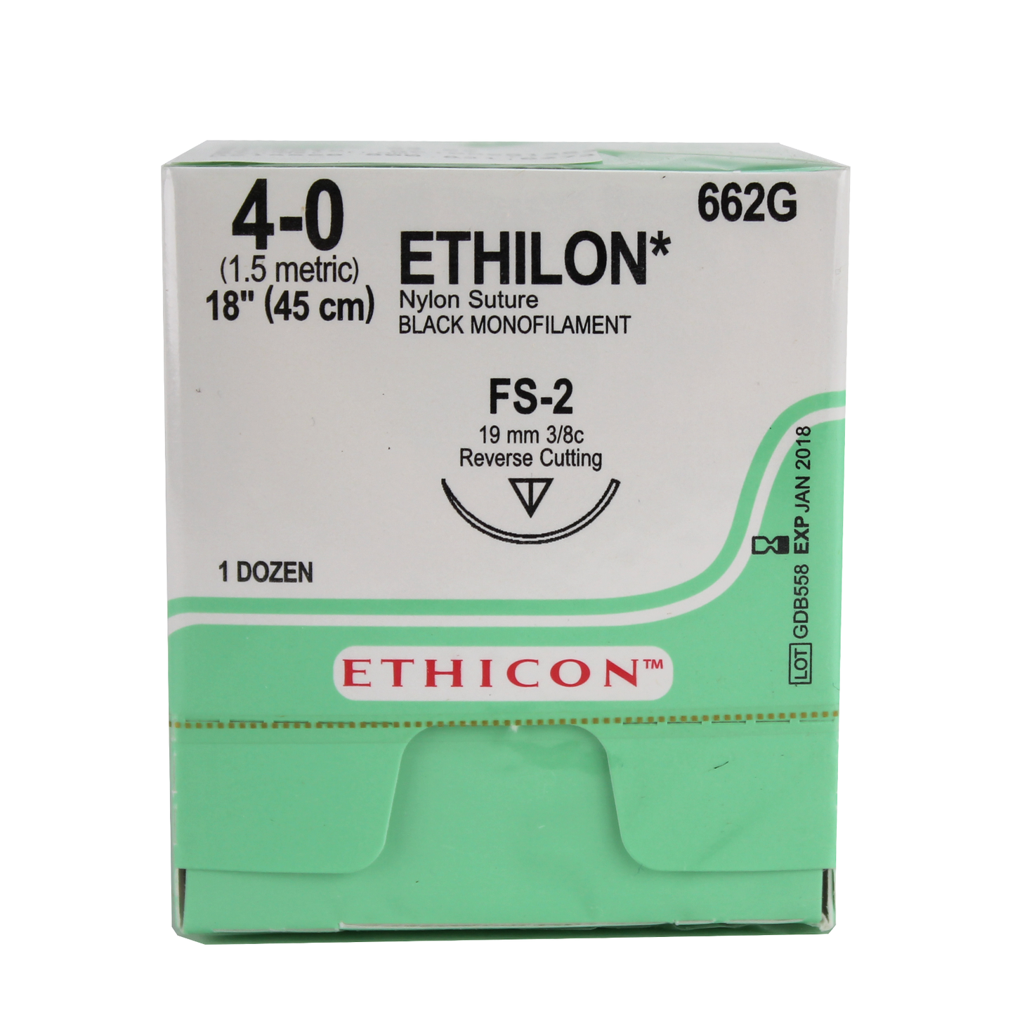Ethicon 662G Ethilon Nylon Suture, Monofilament, 4-0, Non-Absorbable, FS-2, Black, 18"