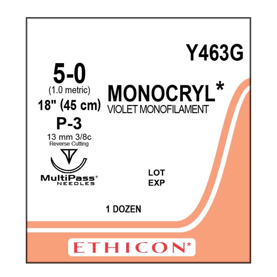 Ethicon Y463G Monocryl Suture, 5-0, Absorbable, P-3, Violet, 18"