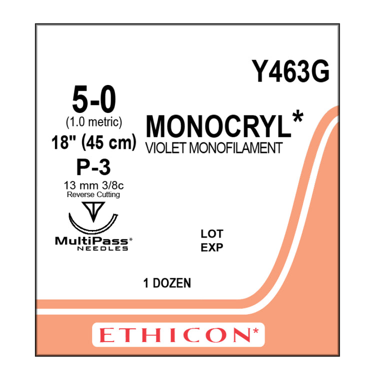 Ethicon Y463G Monocryl Suture, 5-0, Absorbable, P-3, Violet, 18"