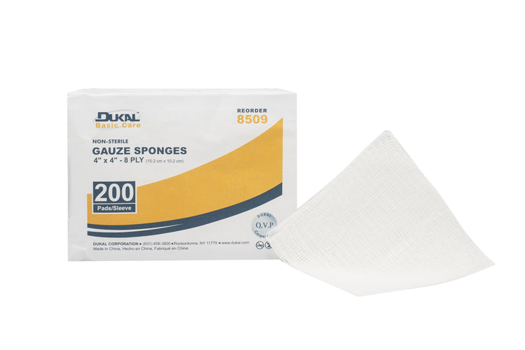 Dukal 8509 Woven Gauze Sponge, 4" x 4", Non-Sterile, 8-Ply, 200/Sleeve
