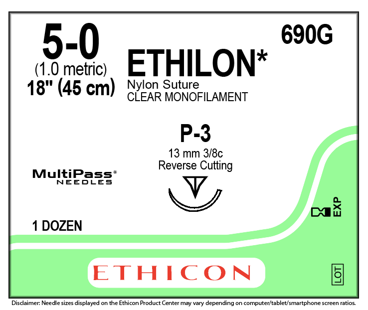 Ethicon 690G Ethilon Nyloin Suture, 5-0, Non-absorbable, P-3, Undyed Monofilament, 18"