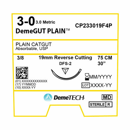 DemeTECH Plain Gut, 3-0, 30", DFS-2 Absorbable Suture, Reverse Cutting, Beige 12/Box