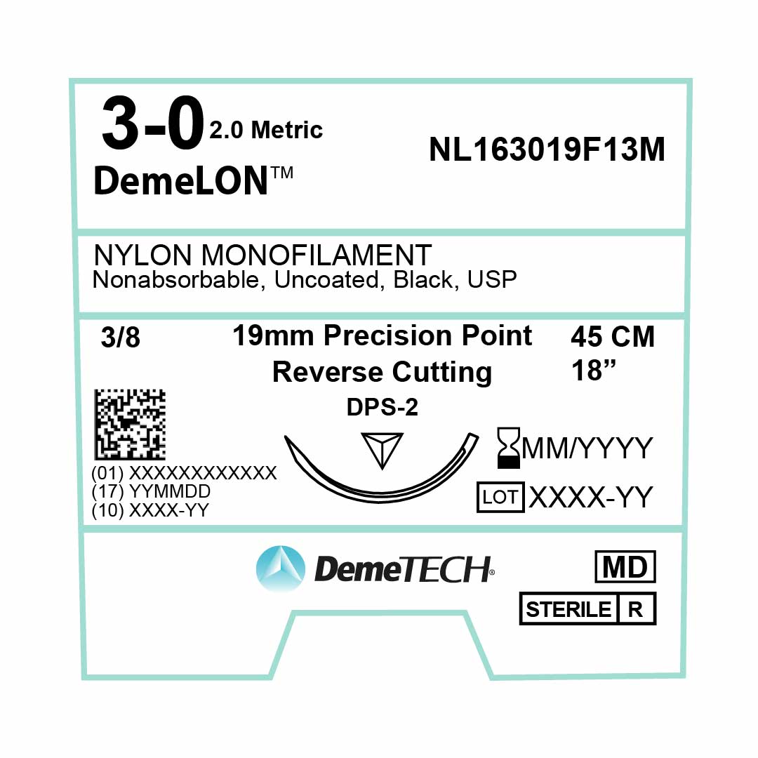 DemeTECH 18” Nylon Monofilament 3-0 Non-Absorbable DPS-2 Black Suture