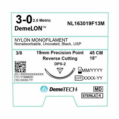 DemeTECH 18” Nylon Monofilament 3-0 Non-Absorbable DPS-2 Black Suture