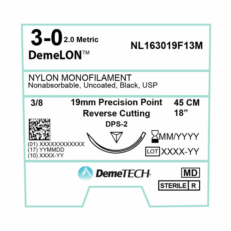 DemeTECH 18” Nylon Monofilament 3-0 Non-Absorbable DPS-2 Black Suture