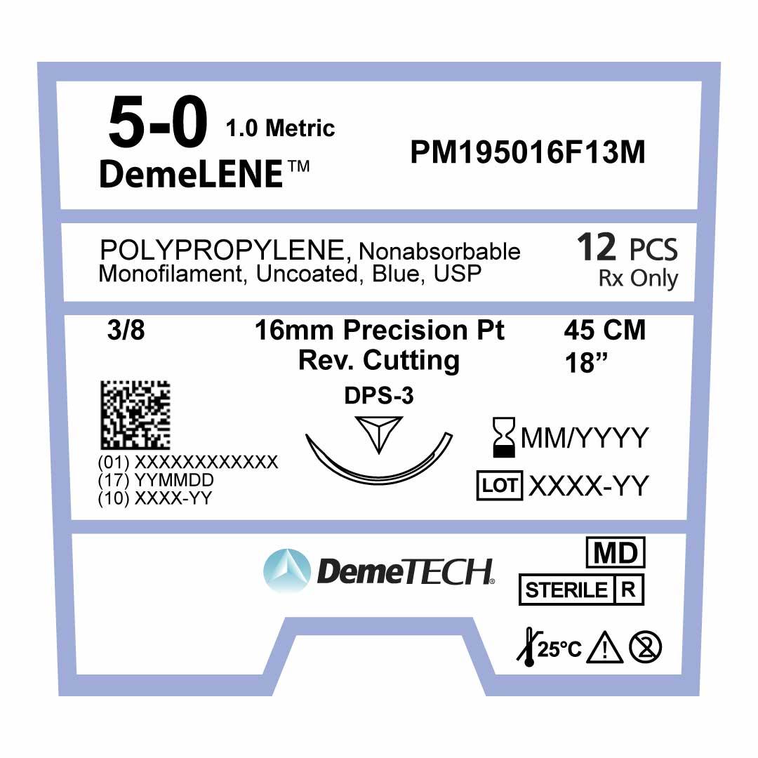 DemeLENE , Polypropylene Suture, Synthetic Non-absorbable, DPS-3, 16mm, 3/8 Circle, Precision Point Reverse Cutting Needle, Blue, USP Size 5-0, 18 inches, (45cm), 1DZ/BX