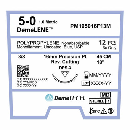 DemeLENE , Polypropylene Suture, Synthetic Non-absorbable, DPS-3, 16mm, 3/8 Circle, Precision Point Reverse Cutting Needle, Blue, USP Size 5-0, 18 inches, (45cm), 1DZ/BX