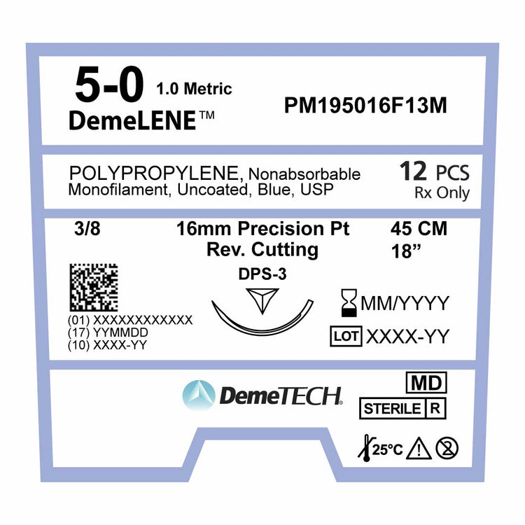 DemeLENE , Polypropylene Suture, Synthetic Non-absorbable, DPS-3, 16mm, 3/8 Circle, Precision Point Reverse Cutting Needle, Blue, USP Size 5-0, 18 inches, (45cm), 1DZ/BX