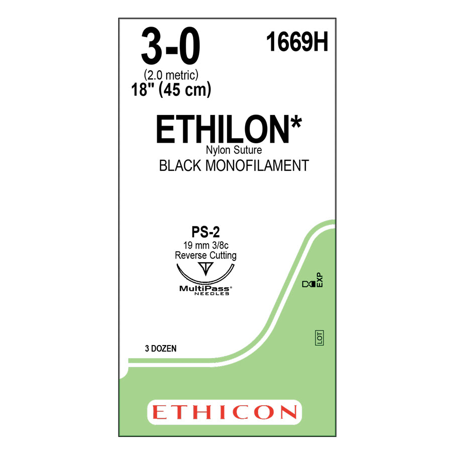 Ethicon 1669H Ethilon Nylon Suture, 3-0, Non-Absorbable, PS-2, Black M ...