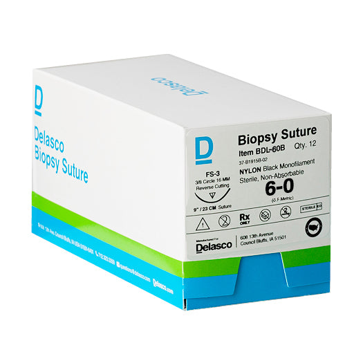 Delasco BDL-60B Nylon Biopsy Suture, Monofilament, 6-0, Non-Absorbable, FS-3, Black, 9"