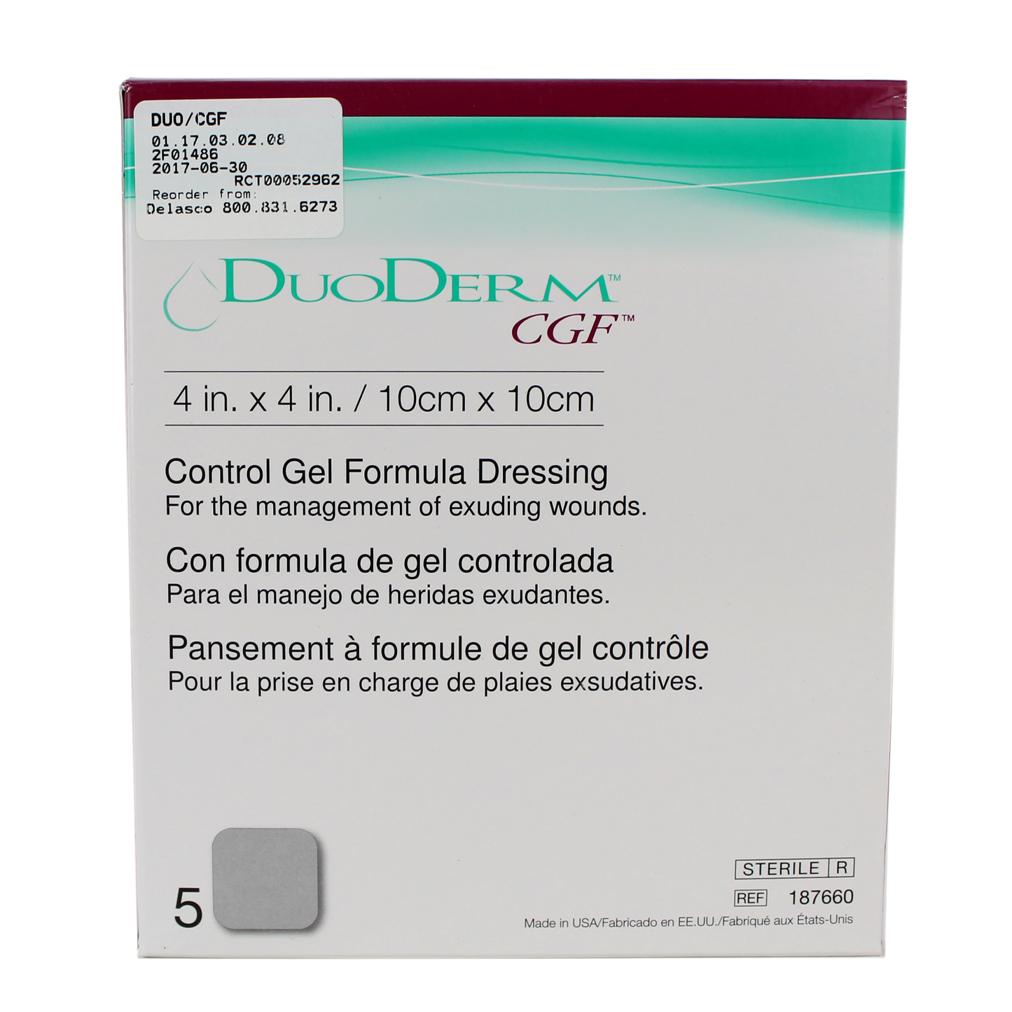 DuoDERM 187660 CGF Sterile Dressing, 4" x 4", Square, Sterile