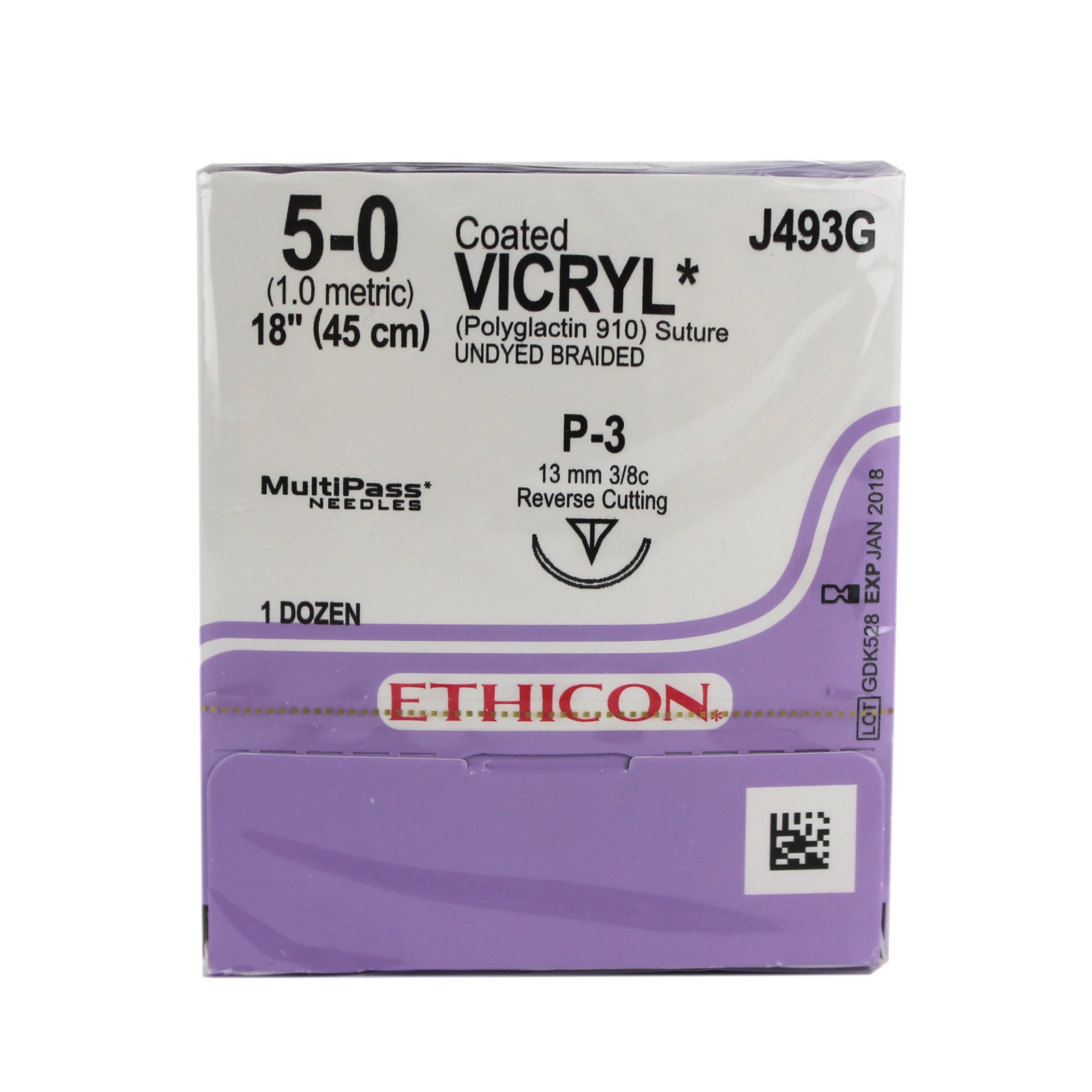 Ethicon J493G Coated Vicryl Suture, Polyglactin 910, Braided, 5-0