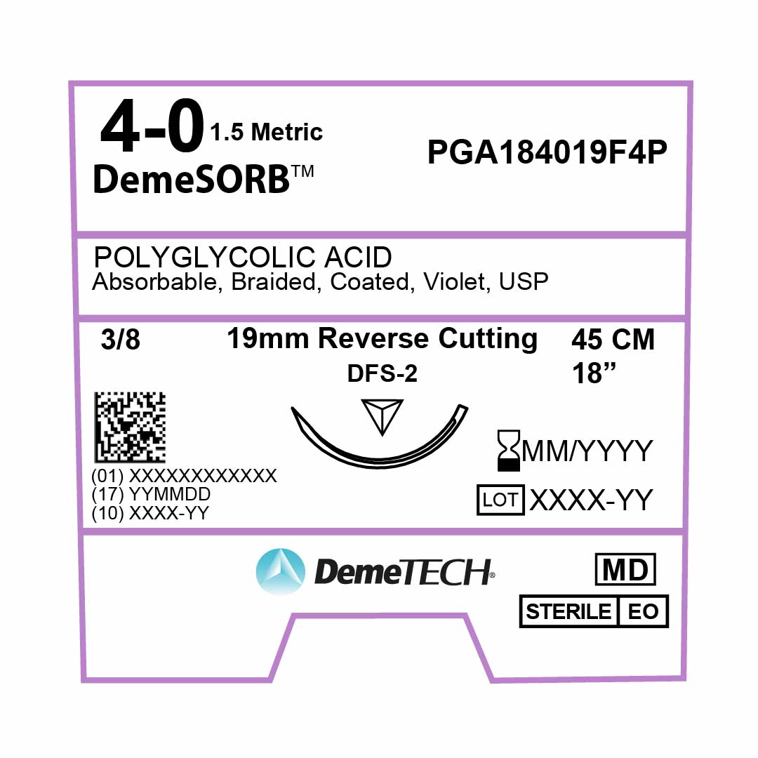 DemeTECH Polyglycolic Acid (PGA), 4-0, 18", DFS-2 Synthetic Absorbable Suture, Precision Point Reverse Cutting, Violet 12/Box