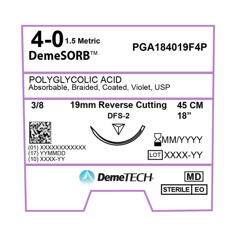 DemeTECH Polyglycolic Acid (PGA), 4-0, 18", DFS-2 Synthetic Absorbable Suture, Precision Point Reverse Cutting, Violet 12/Box