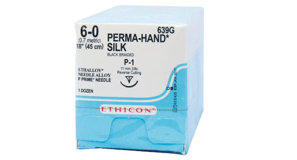 Ethicon 639G Perma-Hand Silk, 6-0, Black Braided, 18"