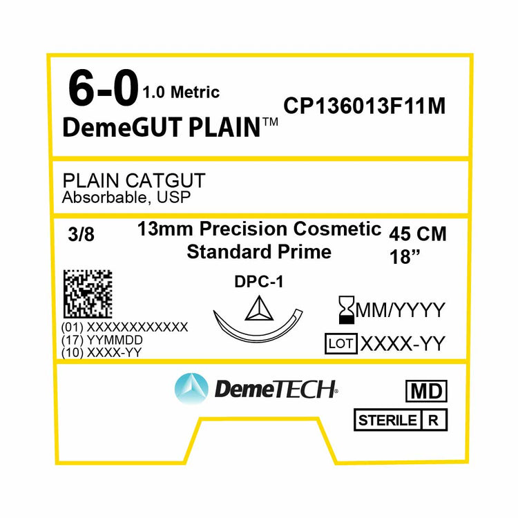 DemeTECH Plain Gut, 6-0, 18", DPC-1 Absorbable Suture, Precision Point Reverse Cutting, Beige 12/Box
