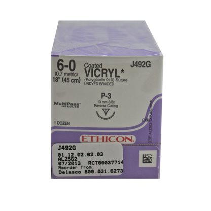 Ethicon J492G Coated Vicryl Suture , Polyglactin 910, Braided, 6-0, Absorbable, P-3, Undyed, 18"