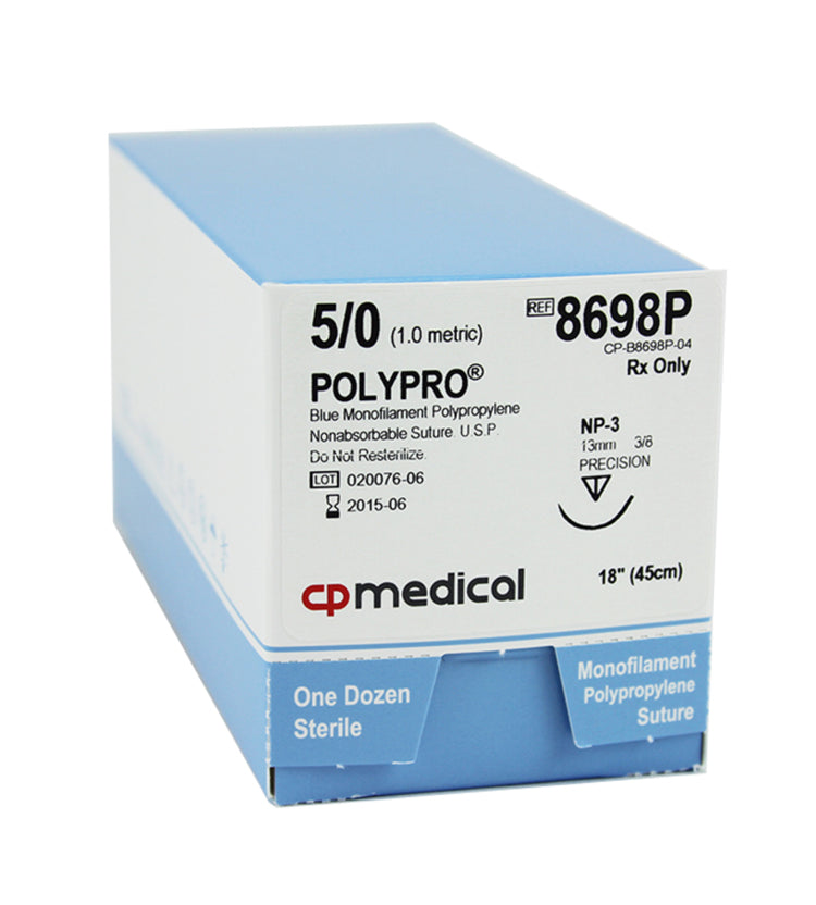 CP Medical 8698P Polypropylene, Monofilament, 5-0, Non-Absorbable Suture, P-3, Blue, 18"