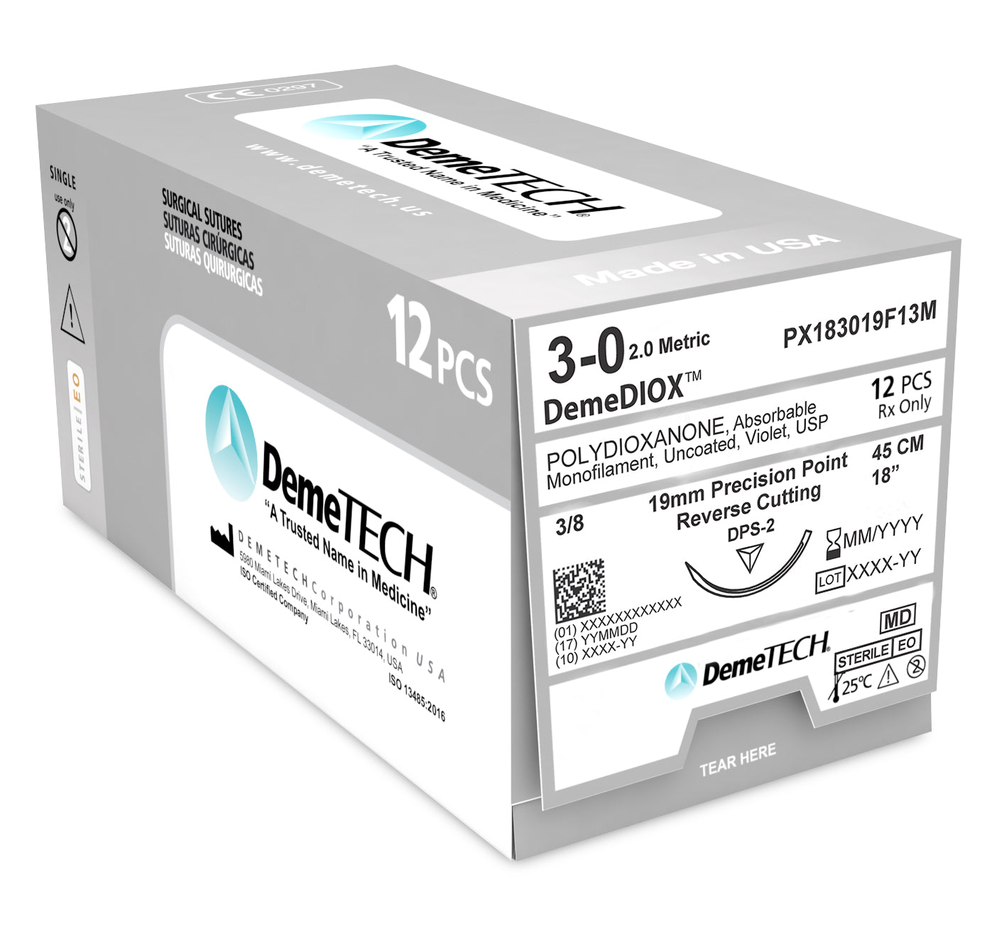 DemeTECH Polydioxanone, 3-0, 18", DPS-2 Absorbable Suture, Reverse Cutting, Violet 12/Box