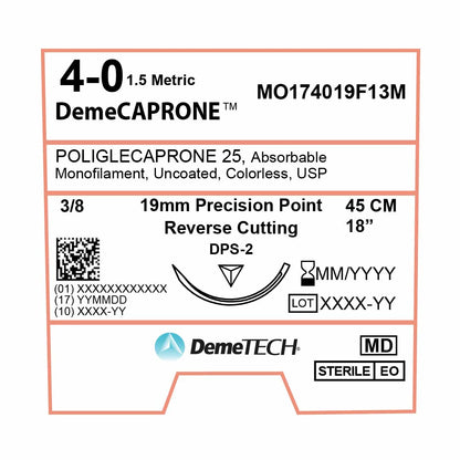 DemeTECH Poliglecaprone 25` (PGCL), 4-0, 18", DPS-2 Absorbable Suture, Reverse Cutting, Undyed 12/Box