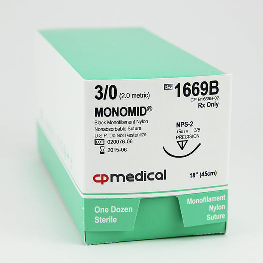 CP Medical 1669B Nylon, Monofilament, 3-0, Non-Absorbable Suture, PS-2, Black, 18"