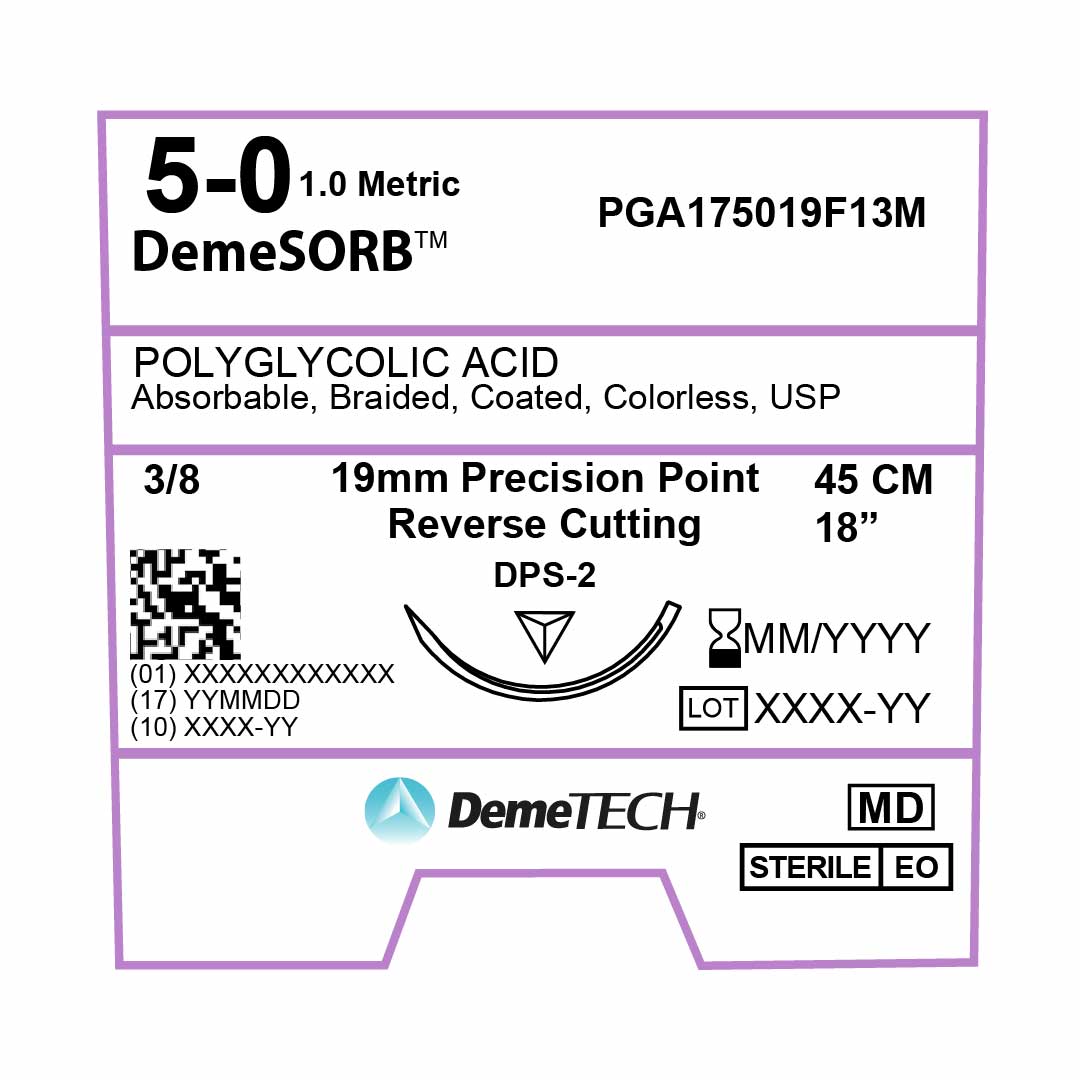 DemeTECH Polyglycolic Acid (PGA), 5-0, 18", DPS-2 Synthetic Absorbable Suture, Precision Point Reverse Cutting, Undyed 12/Box
