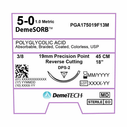 DemeTECH Polyglycolic Acid (PGA), 5-0, 18", DPS-2 Synthetic Absorbable Suture, Precision Point Reverse Cutting, Undyed 12/Box